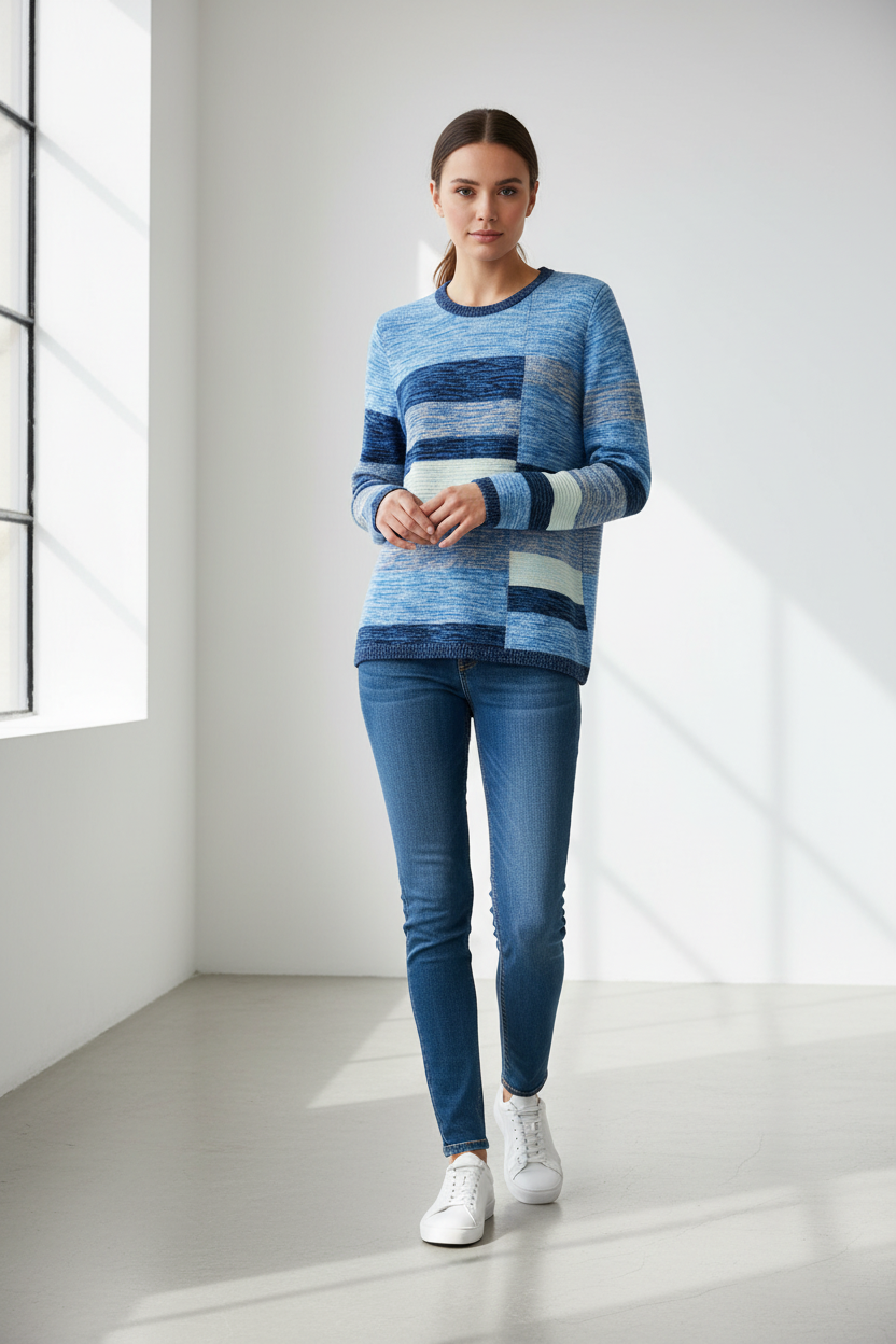 Micha Cotton Blend Round Neck colour block jumper on model