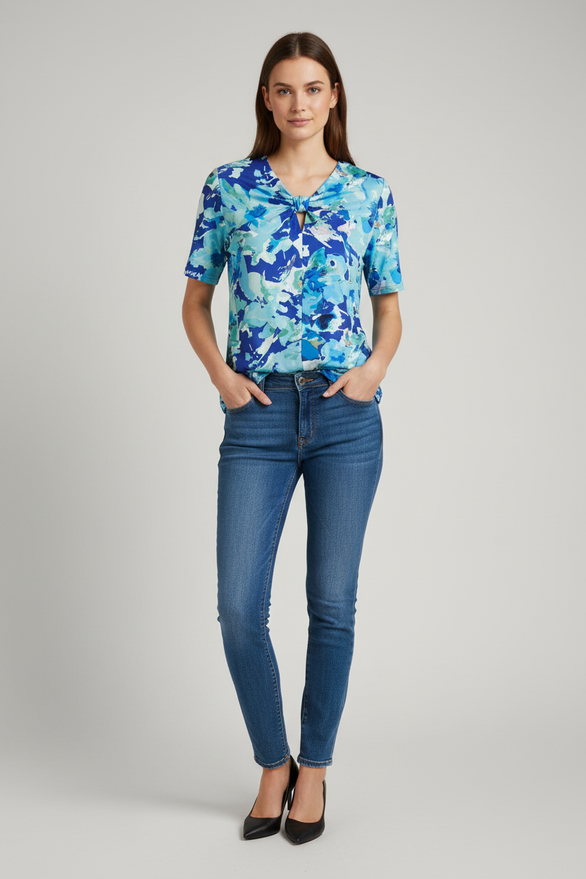 Via Veneto Sandy short sleeve top in blue green print  V411