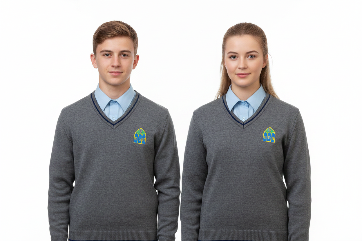 Male and female students wearing Presentation College Headford grey V-neck school jumper with pale blue shirt