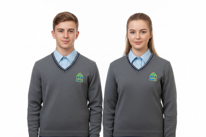 Male and female students wearing Presentation College Headford grey V-neck school jumper with pale blue shirt