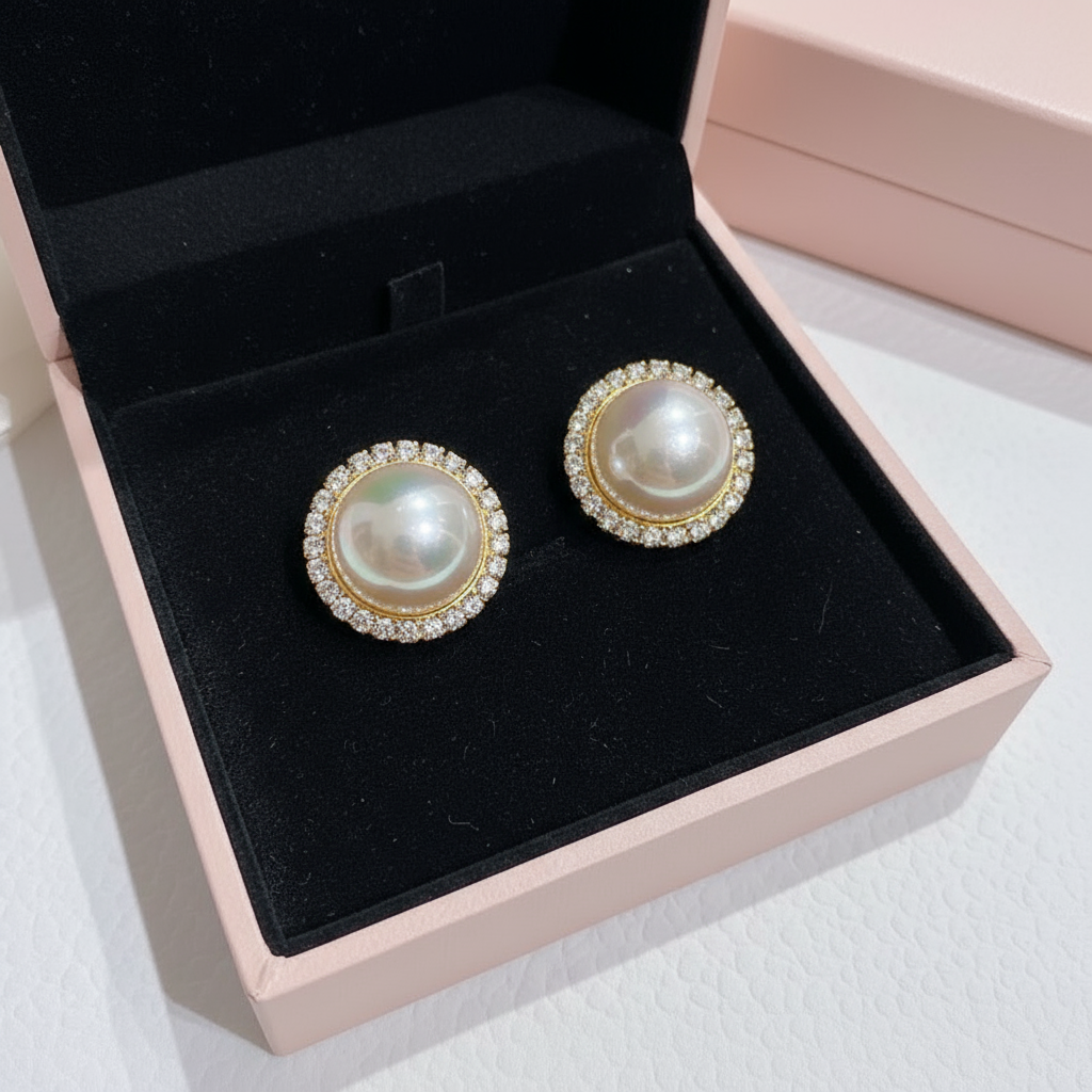 Iridescent pearl earrings in pink gift box