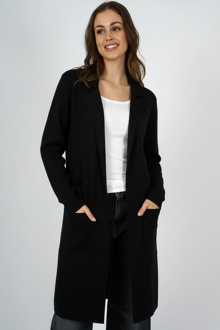 Long Cardigan – Black, Plain Cuffs
