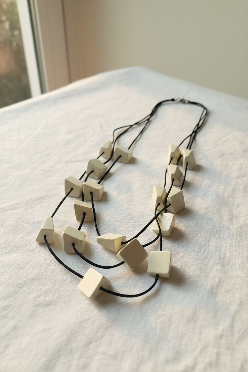 Long multi-strand cream geometric necklace lifestyle