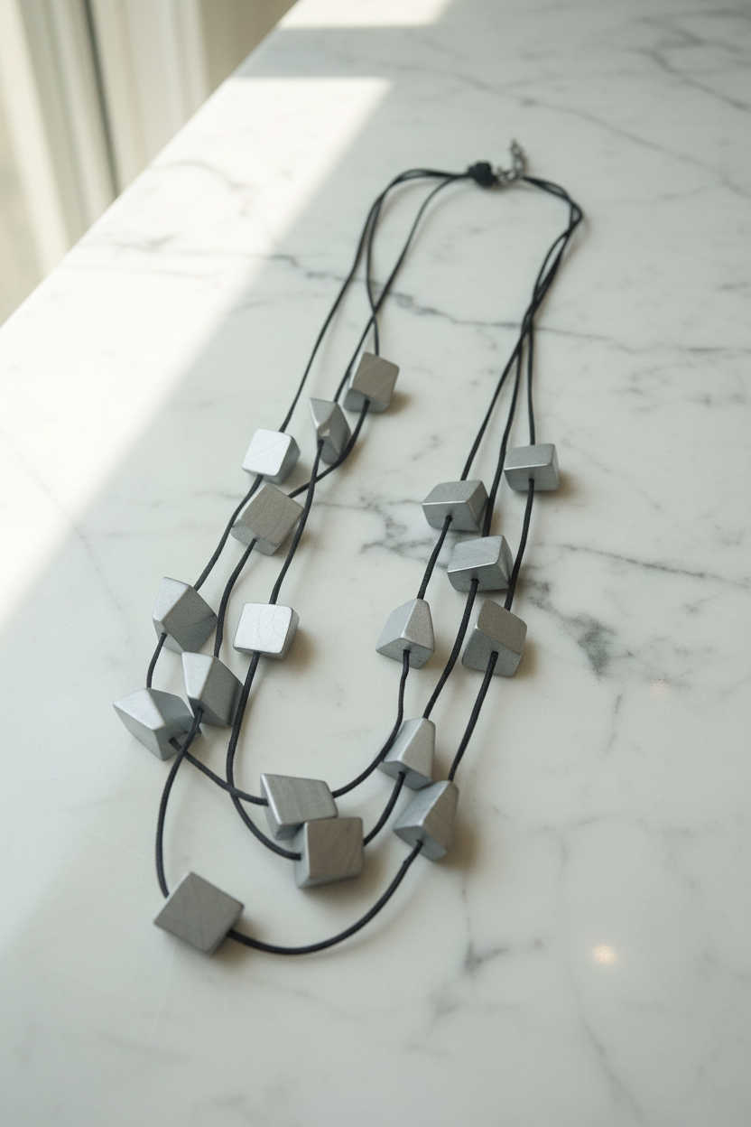 Long multi-strand silver geometric necklace lifestyle