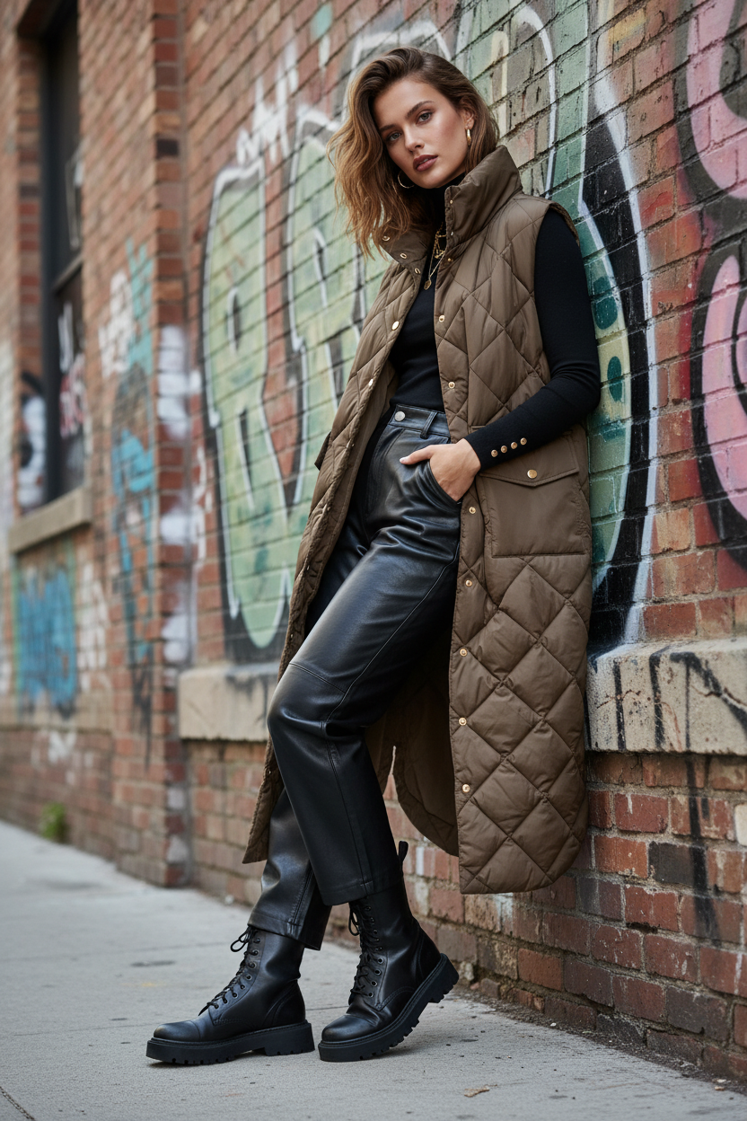 Long quilted gilet urban lifestyle