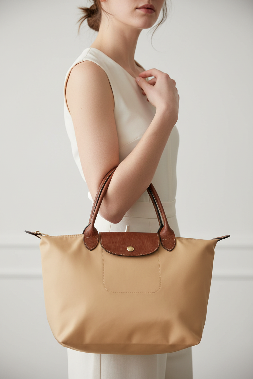 Long Weekend Tote in Beige - Upper Body Close Up