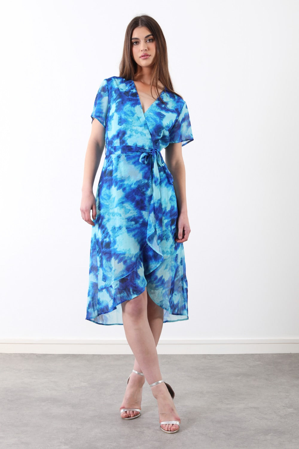 Marc Angelo Faux Wrap Midi dress in Blue Print  Ma31216