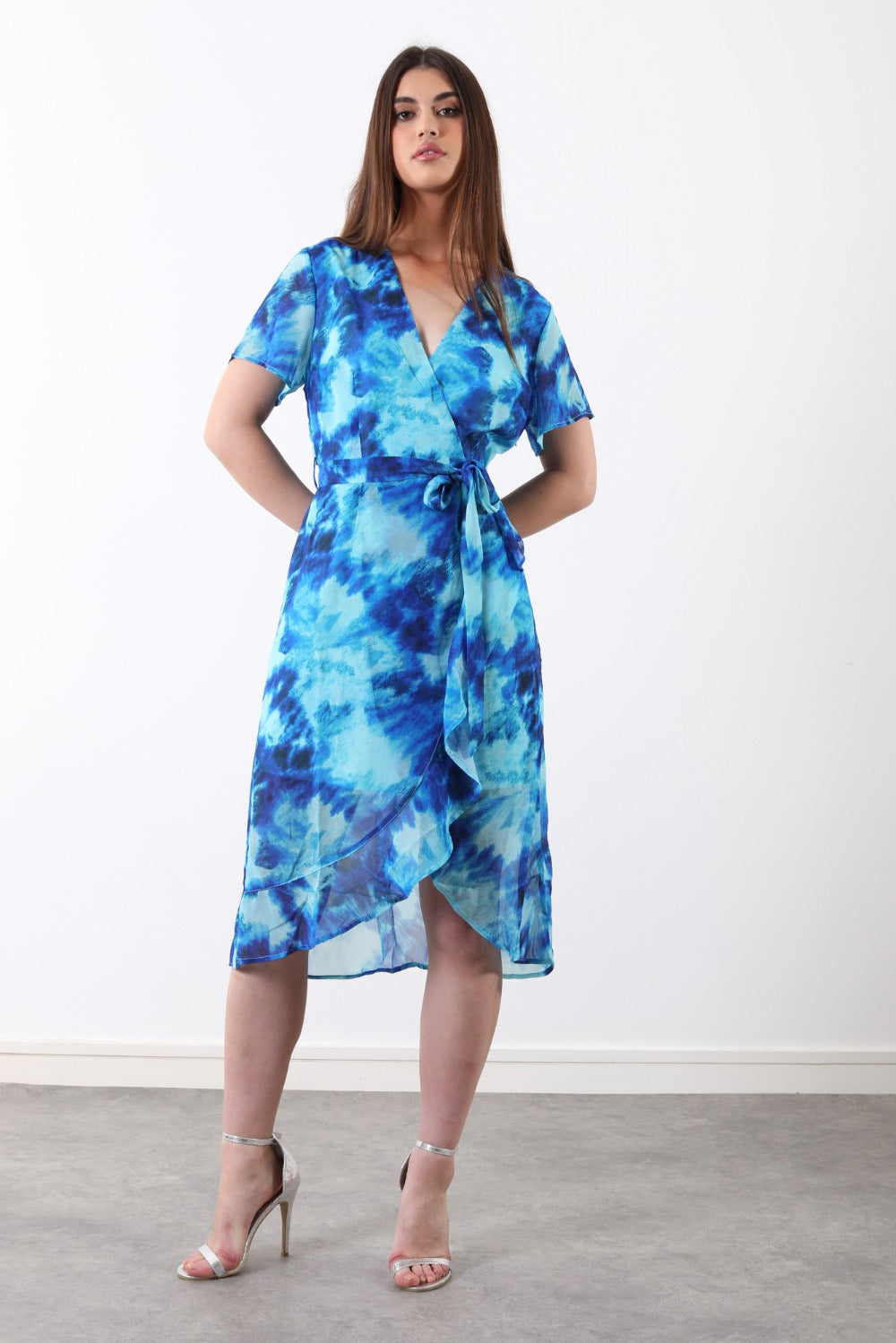 Marc Angelo Faux Wrap Midi dress in Blue Print  Ma31216