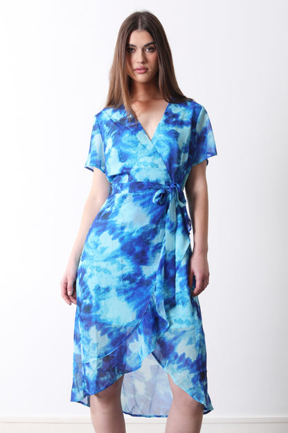Marc Angelo Faux Wrap Midi dress in Blue Print  Ma31216