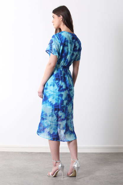 Marc Angelo Faux Wrap Midi dress in Blue Print  Ma31216