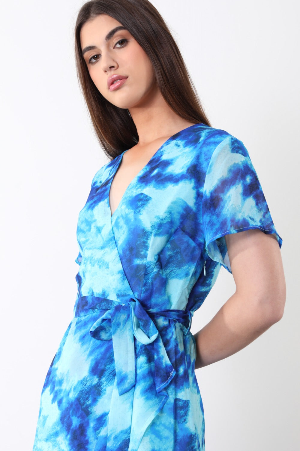 Marc Angelo Faux Wrap Midi dress in Blue Print  Ma31216