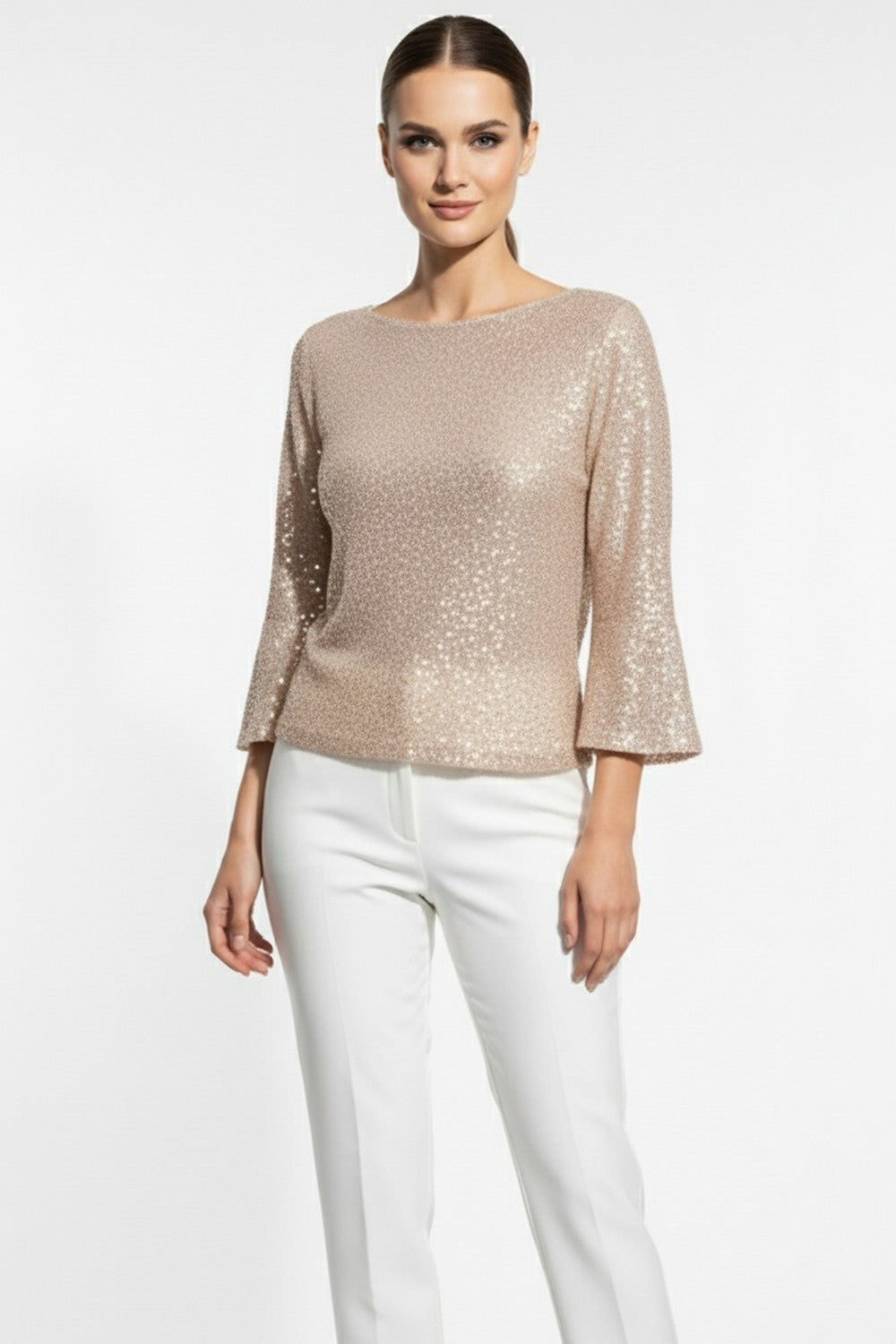 Marc Angelo Tara Sequin Top with 3/4 Sleeve in Champagne a821913 Cha