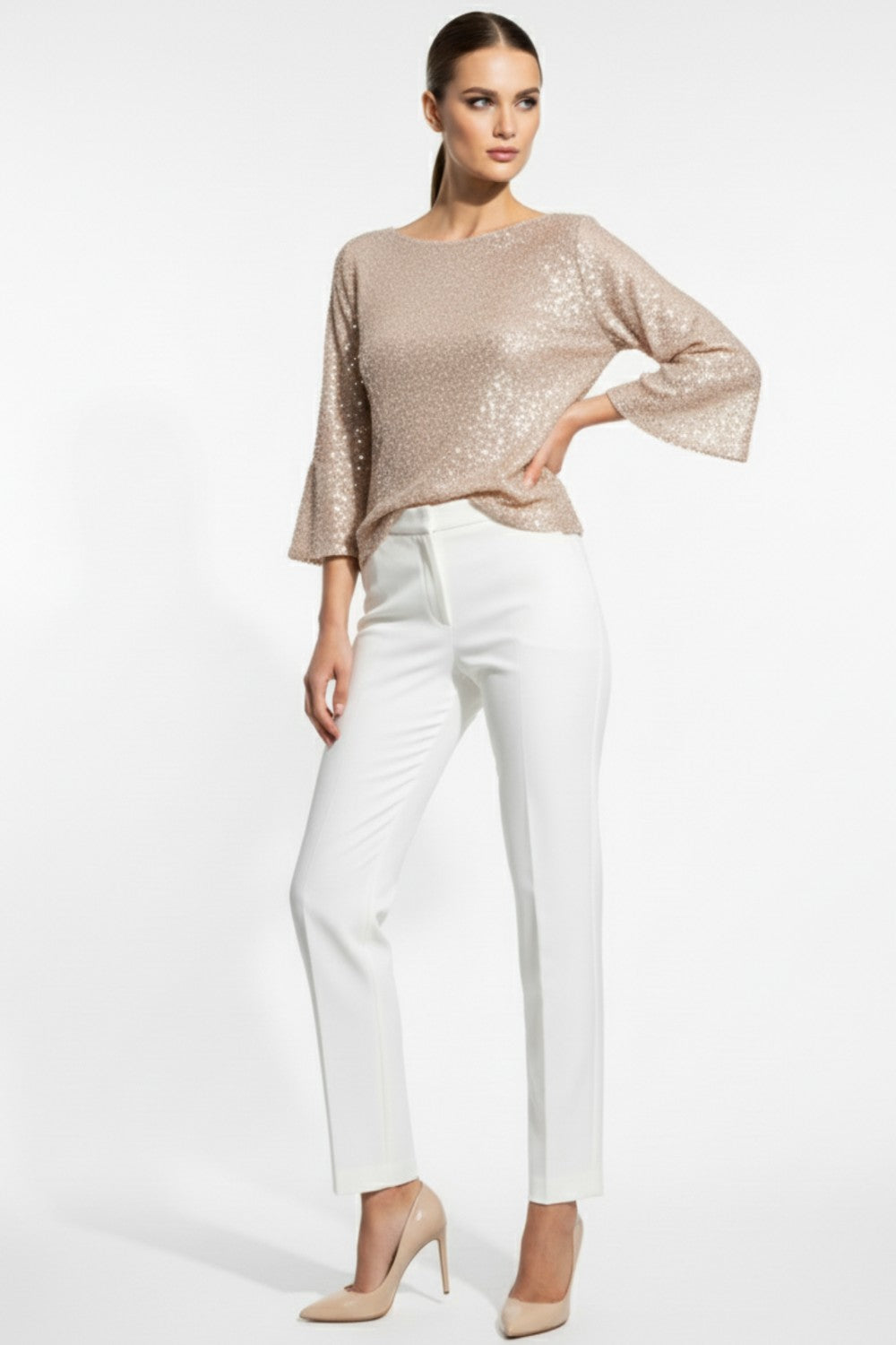 Marc Angelo Tara Sequin Top with 3/4 Sleeve in Champagne a821913 Cha