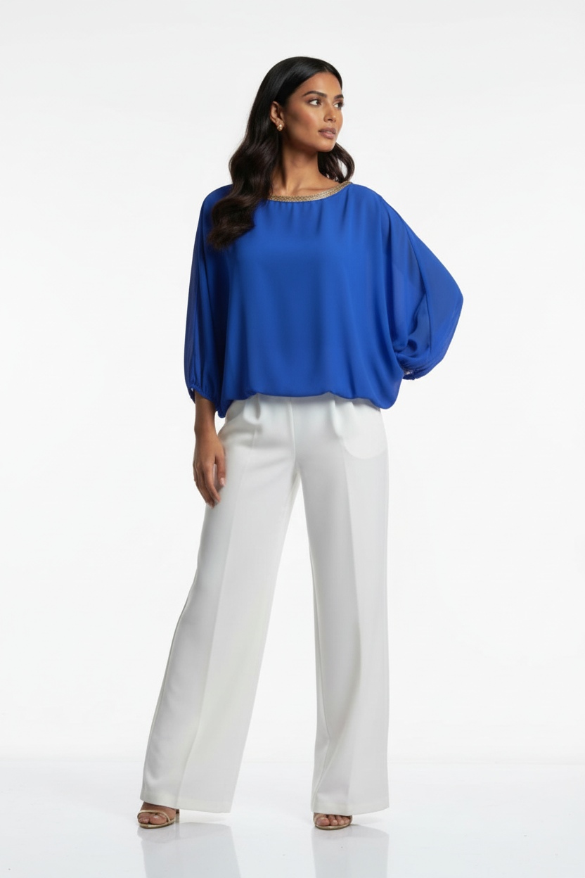 Marc Angelo Gold Trim Batwing Blouse – Royal Blue