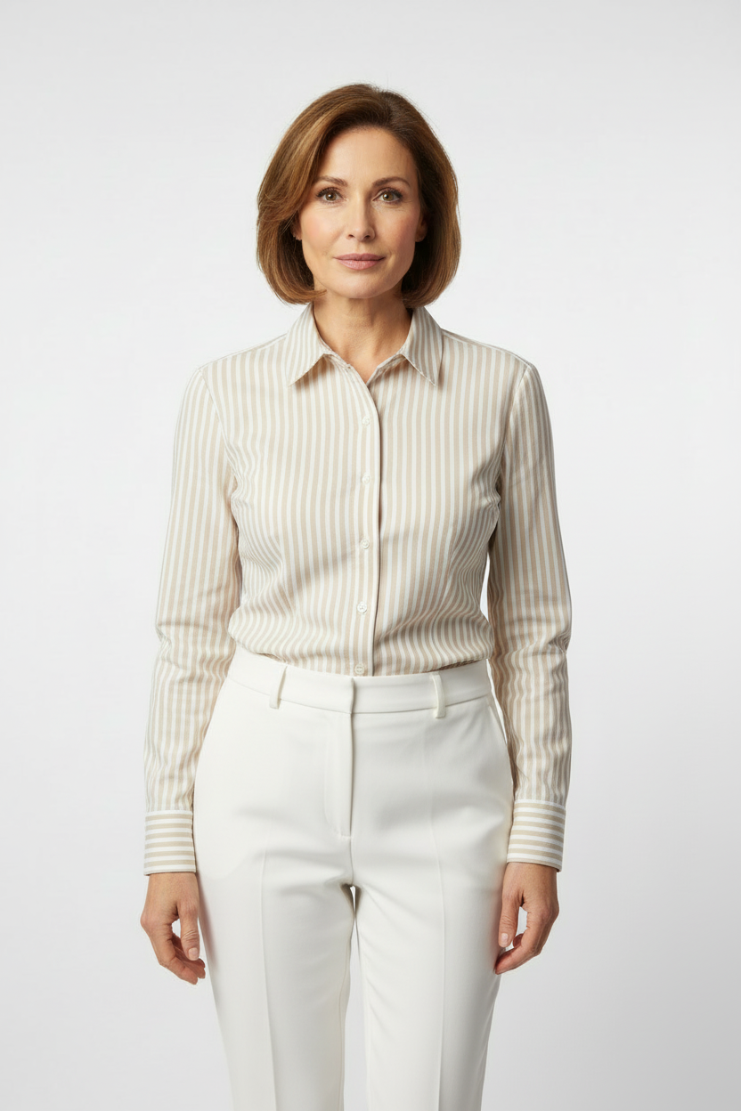 Mature model wearing beige striped shirt with white trousers