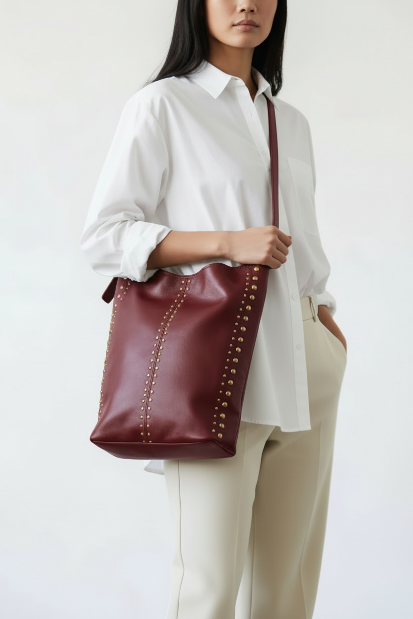 Model carrying the bag in burgundy