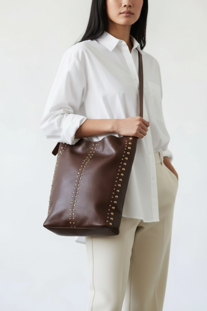 Model carrying the bag in dark brown