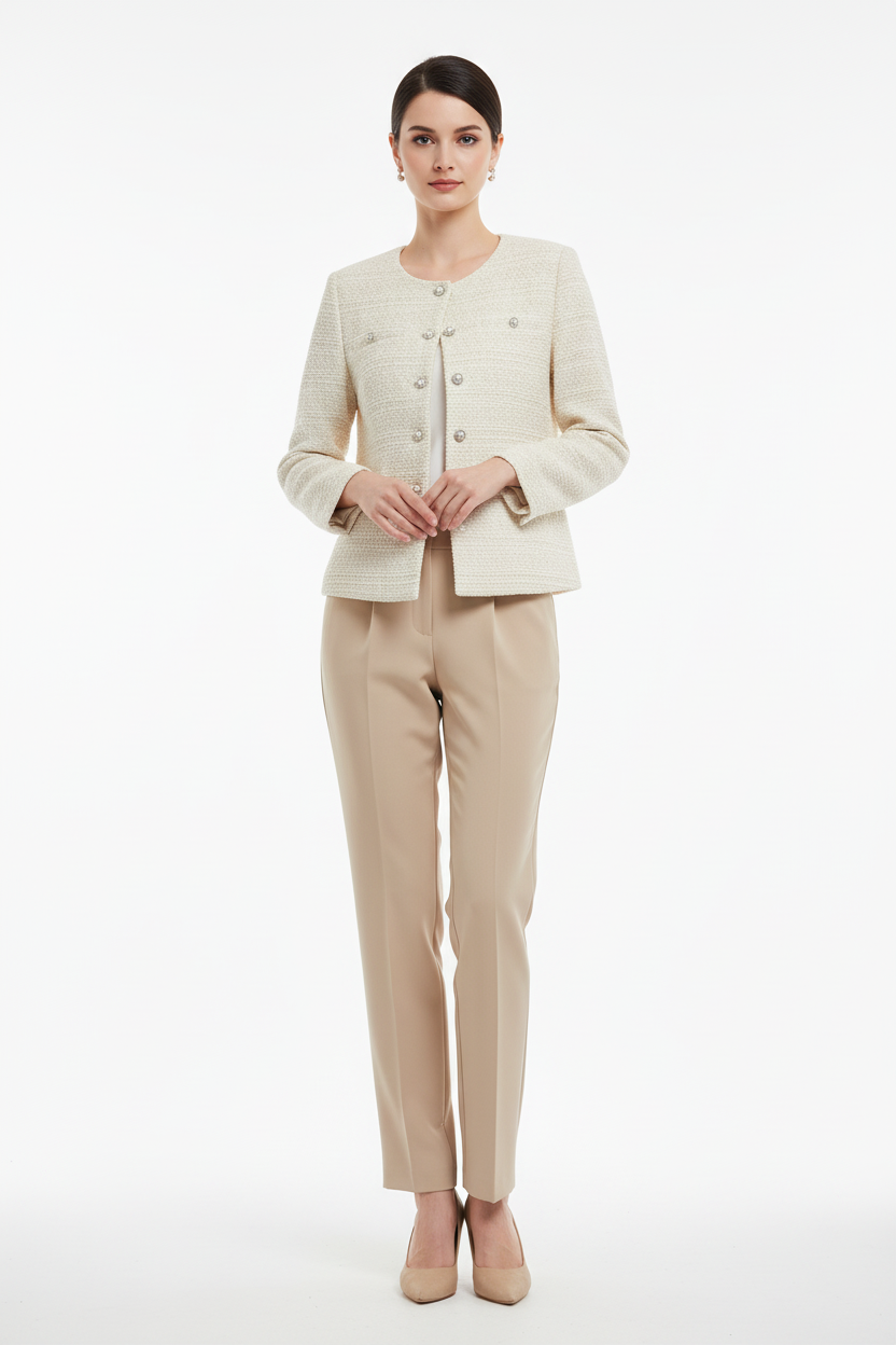 Model wearing closed tweed jacket with beige trousers