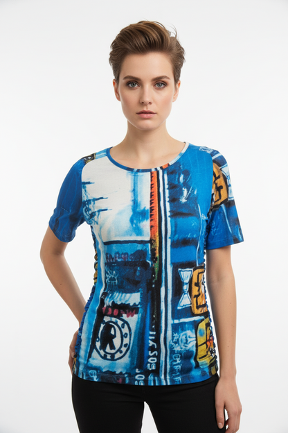 Libra Multicolour Abstract Print Top With side ruching and  heat stone Detail Lt3001