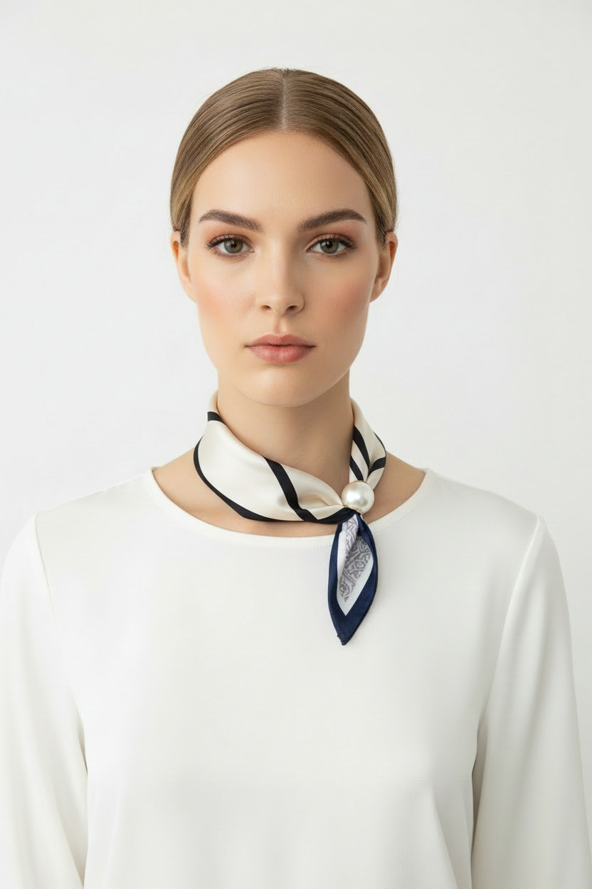 Model wearing ivory silk neck scarf with pearl clasp