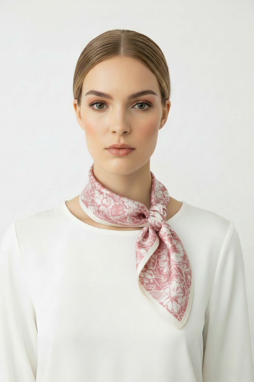 Model wearing larger pink floral silk neck scarf