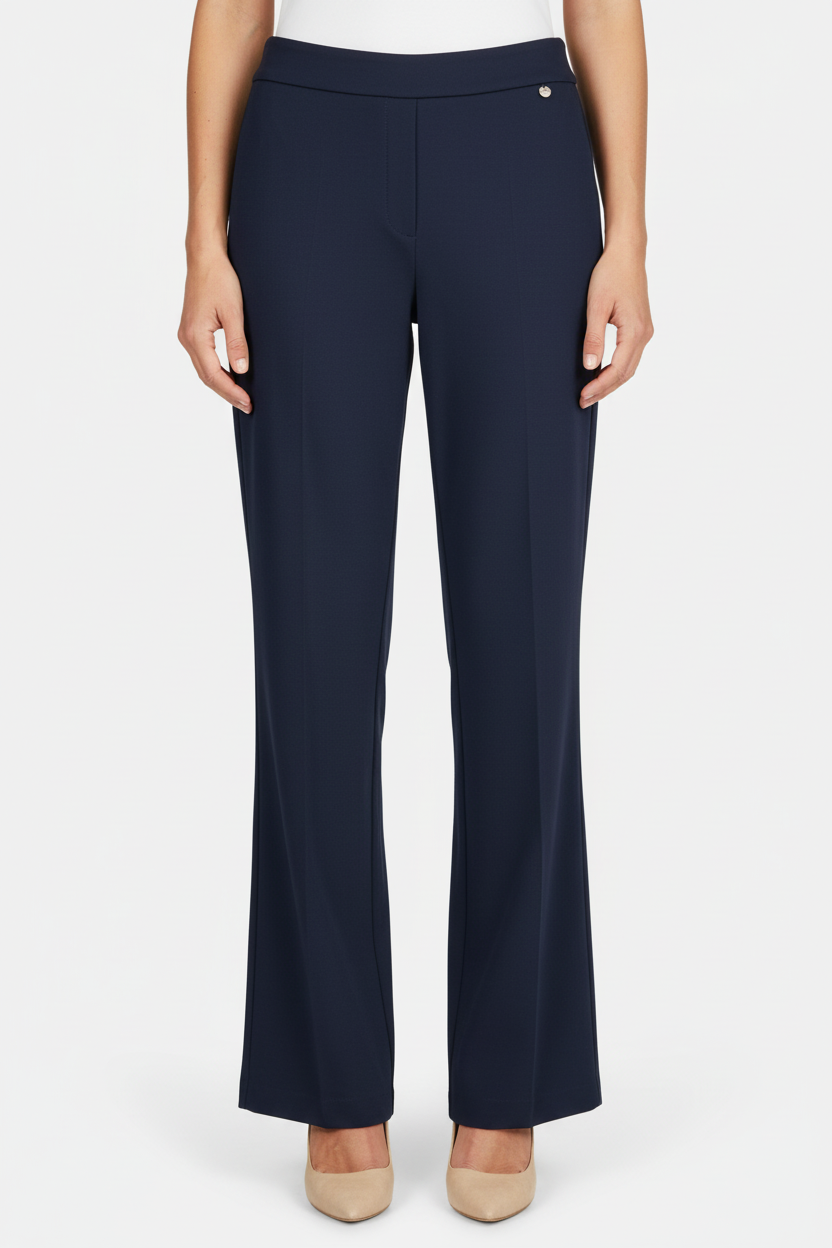 Model wearing navy Paula trousers