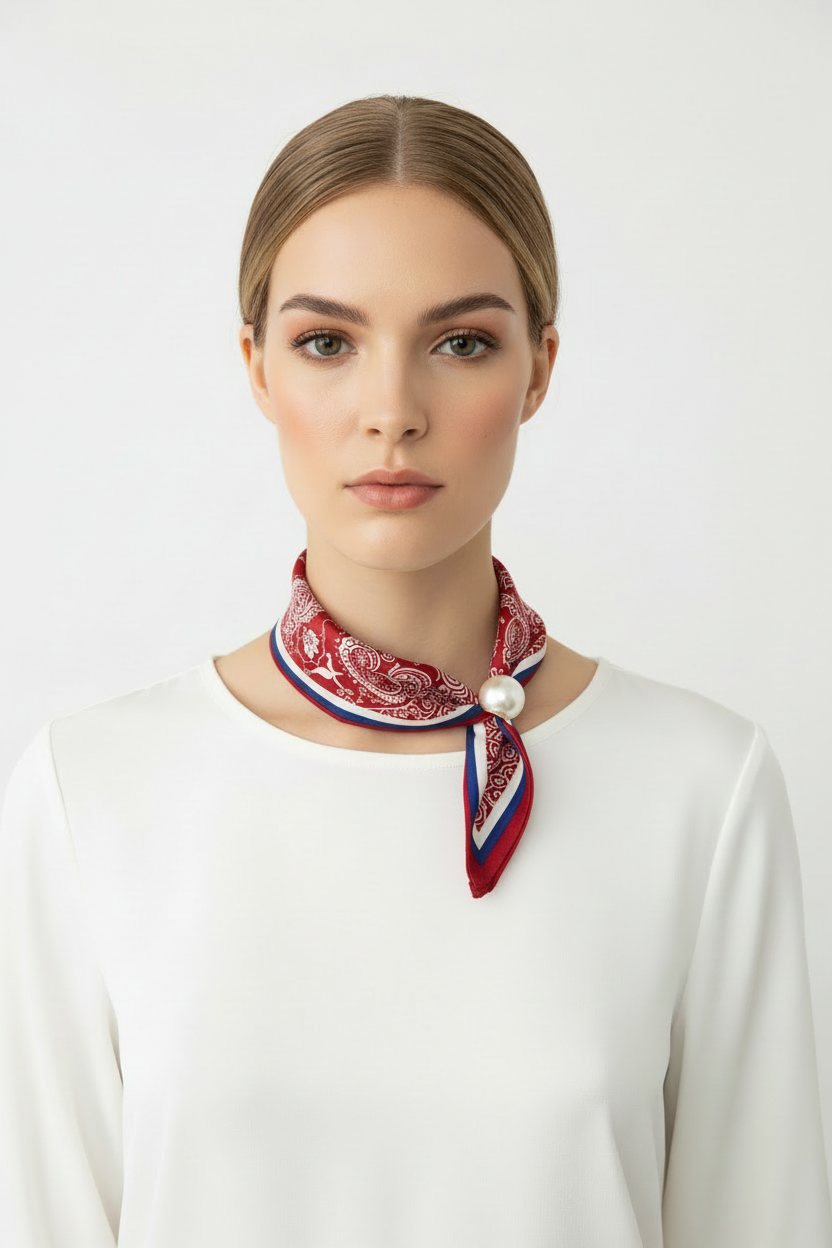 Model wearing red paisley neck scarf with pearl clasp