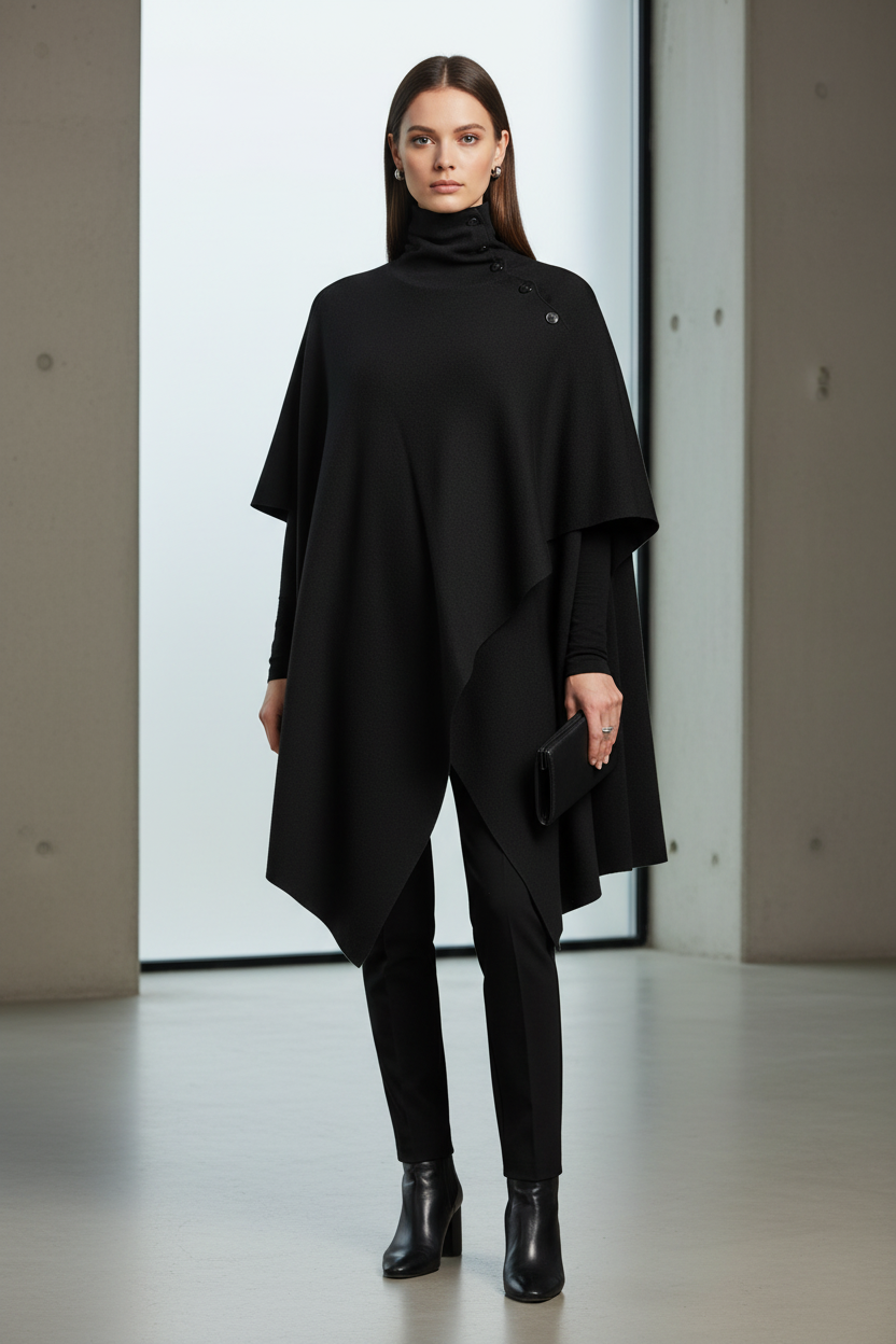 Model wearing the black cape in a lifestyle setting