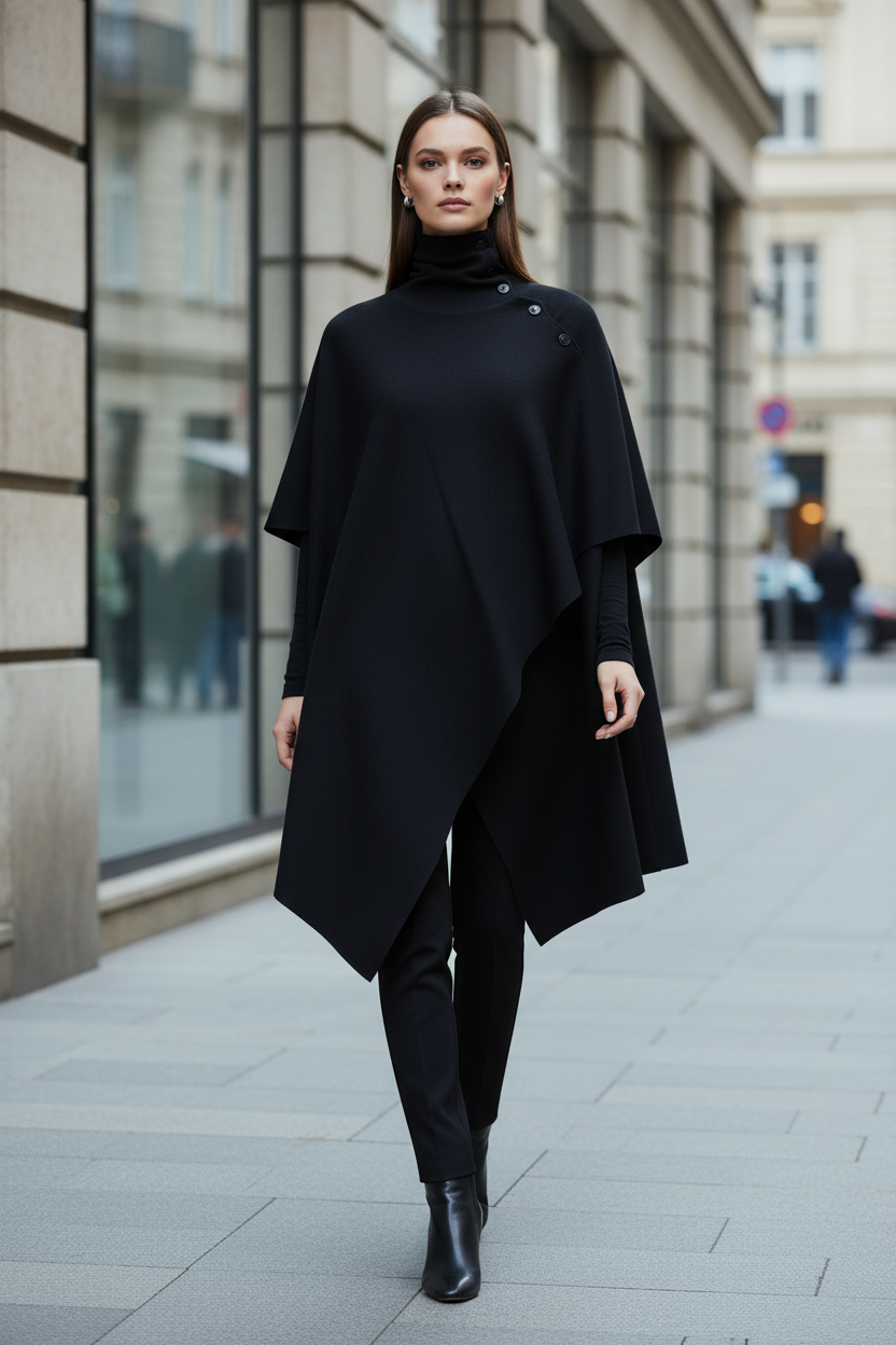 Model wearing the black cape on a city street