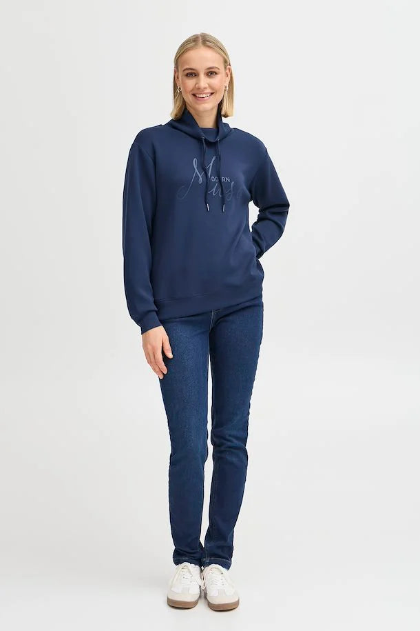 Fransa Navy Sweatshirt with cowl neck and drawstrings20615559 Top