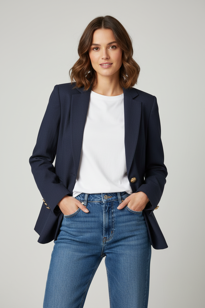 Navy blazer with denim jeans