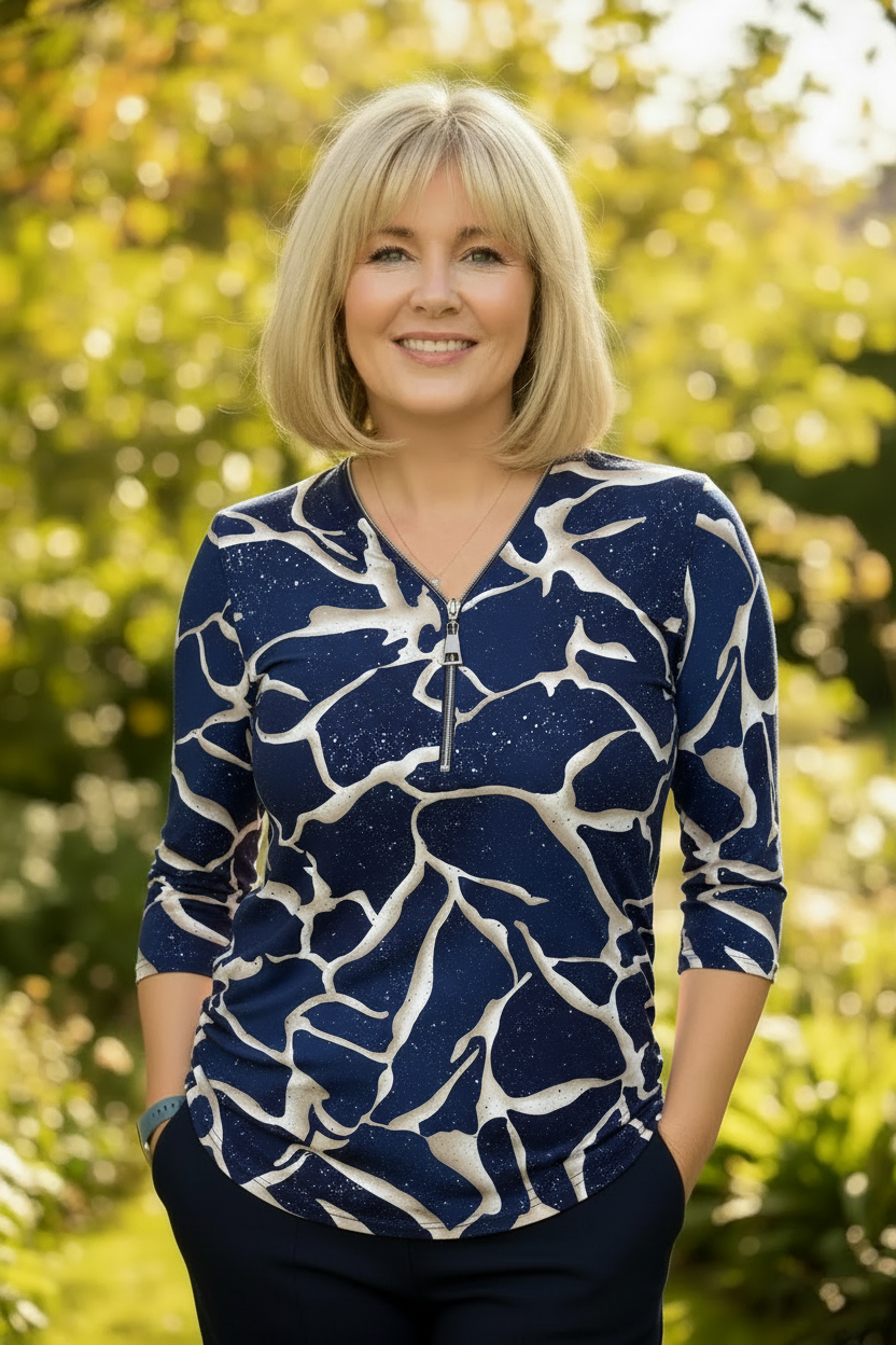Navy cream crackle print zip top lifestyle