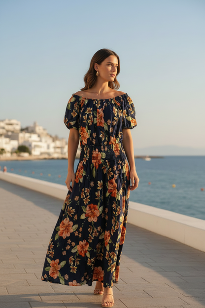 Navy Floral Maxi - On Shoulder