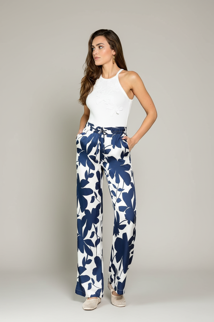 Navy Floral Wide-Leg Trousers