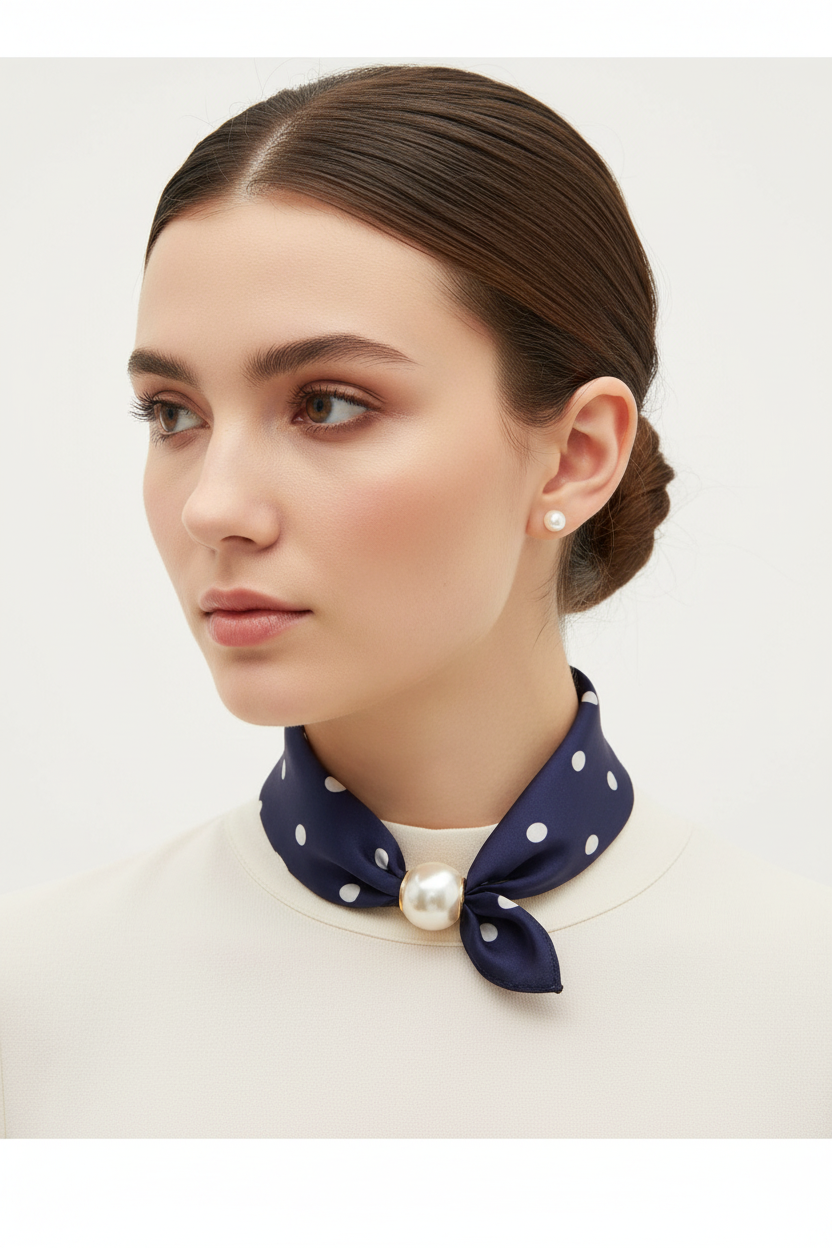 Navy Pearl Clasp Scarf - Single Tail