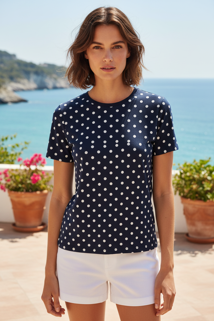 Navy Polka Dot T-Shirt Straight Hem Lifestyle Model