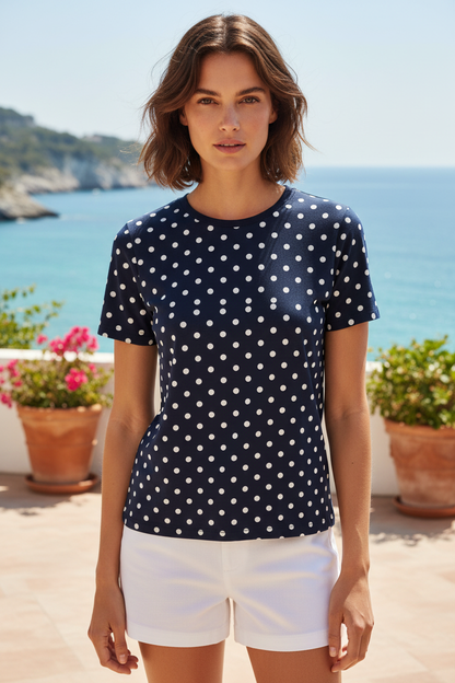 Navy Polka Dot T-Shirt Straight Hem Lifestyle Model