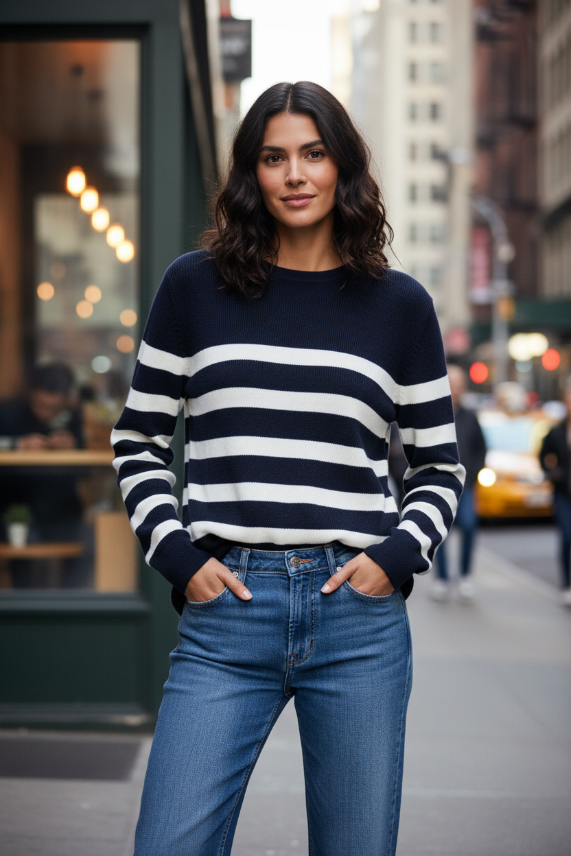 Navy Stripe Knit with Jeans - Lifestyle