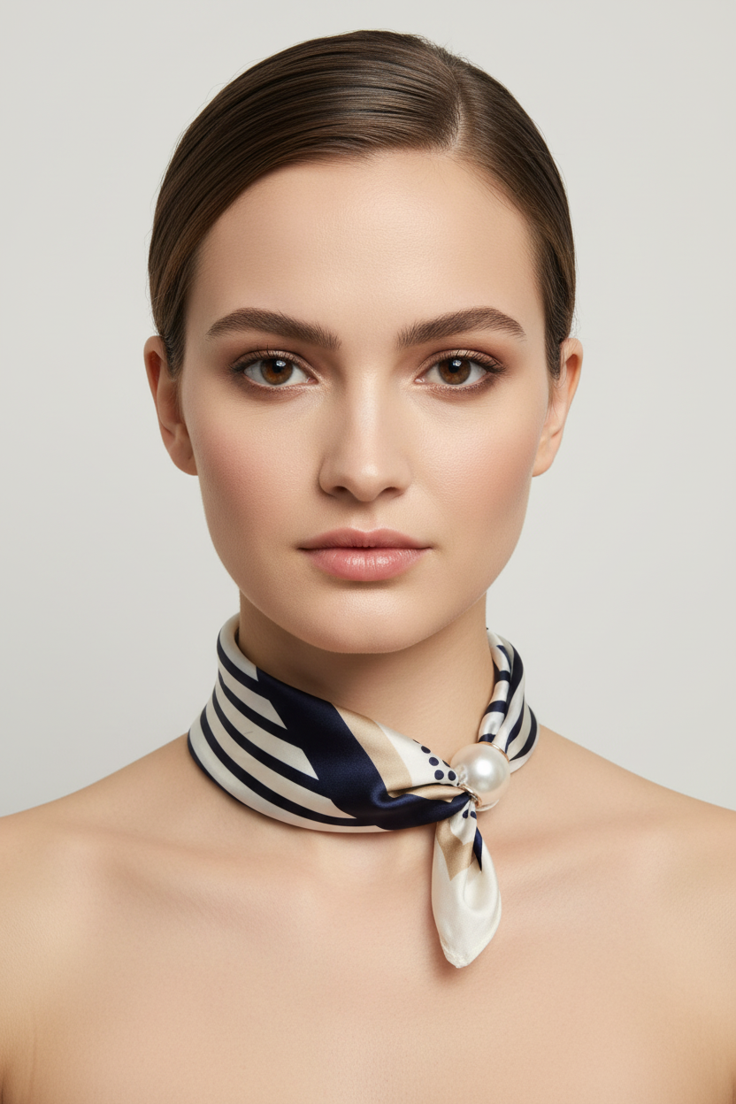 Navy Stripe Pearl Clasp Scarf Model