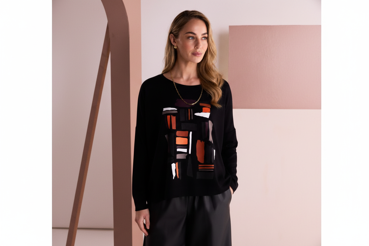 Naya Black Top - Orange Geometric Print - Model Image