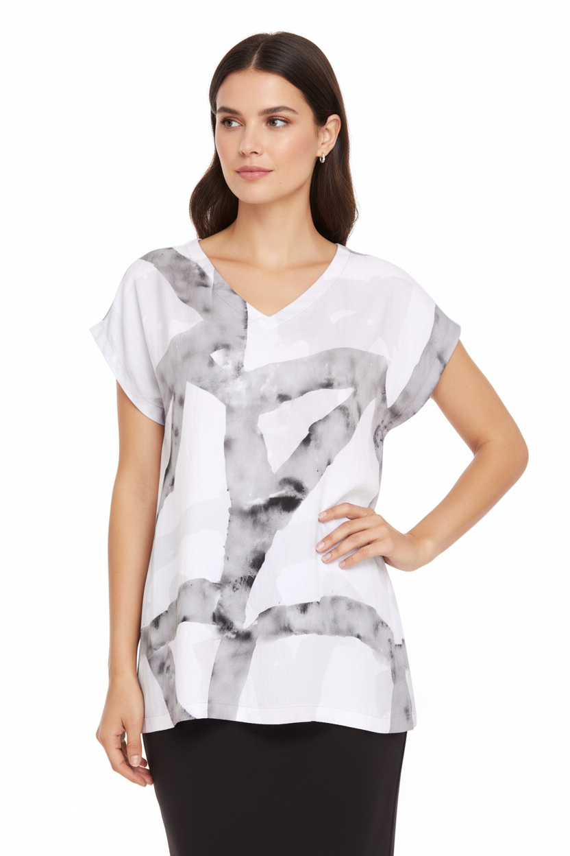 NAYA Marbled Ribbon Print V-Neck Top Studio Model