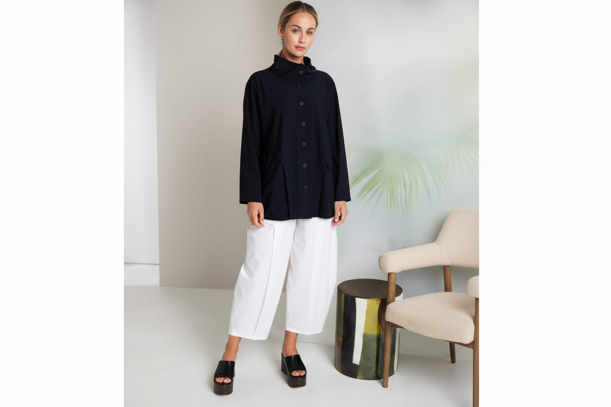 NAYA outfit with white trousers