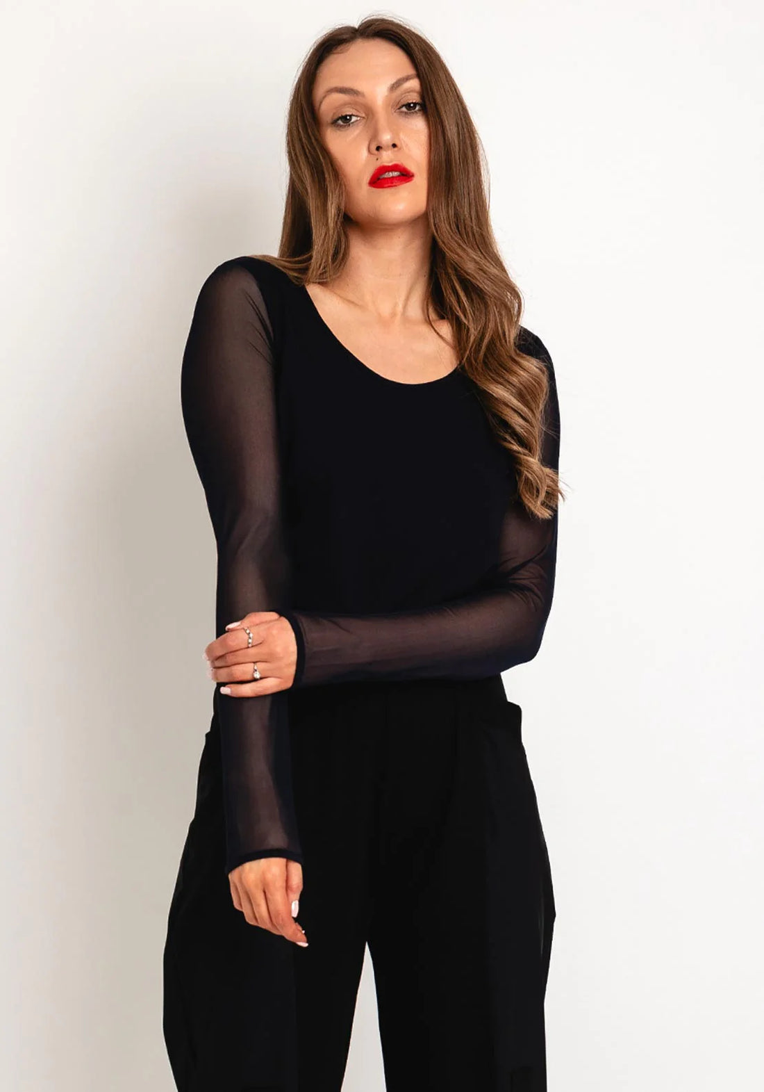 Naya Jersey Round neck top with Mesh Sleeve Black or Cream Nas25106