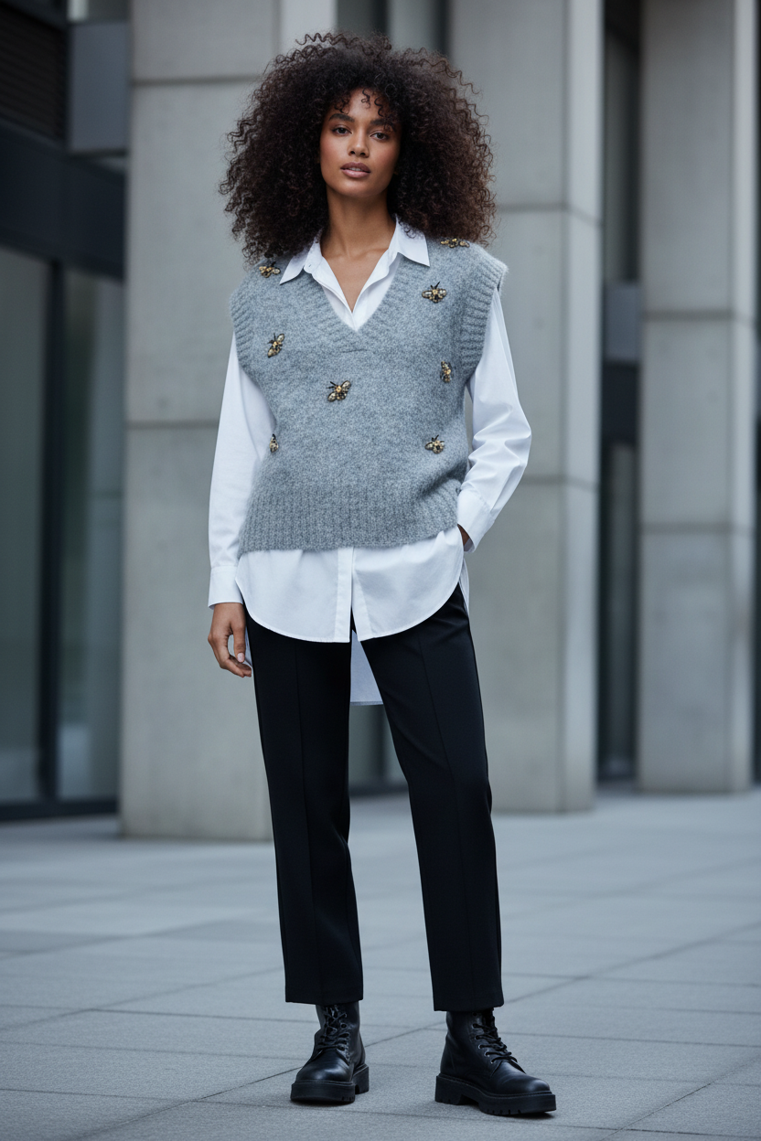 Noen Bee Knit Vest — White Shirt &amp; Black Barrel Trousers