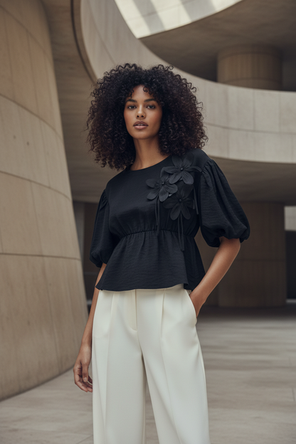 Noen Black Floral Top — Wide Leg Cream Jeans