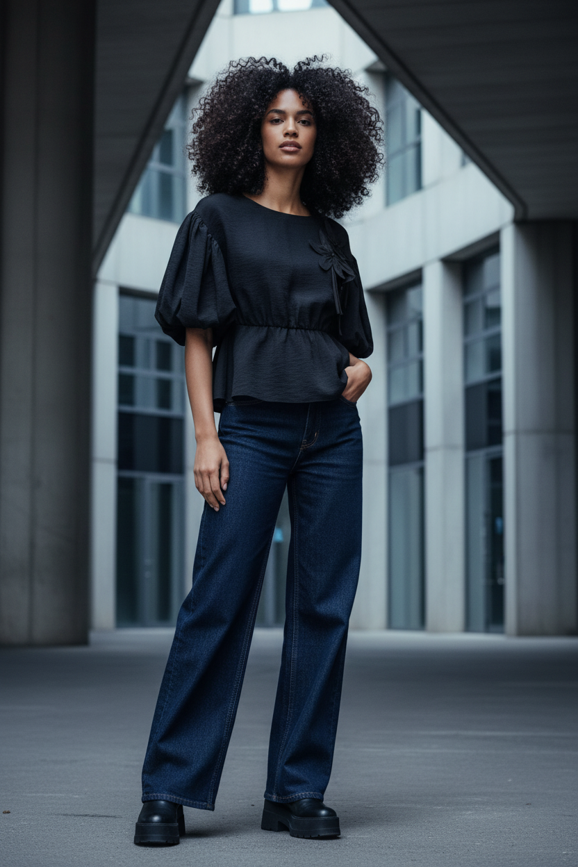 Noen Black Floral Top — Wide Leg Denim