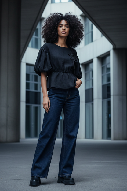 Noen Black Floral Top — Wide Leg Denim