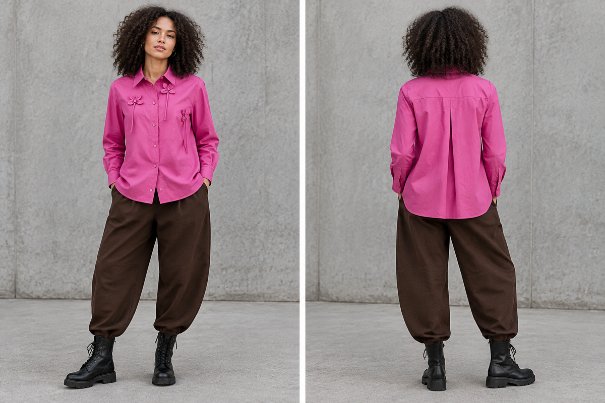 Noen flower shirt shown front and back with brown trousers