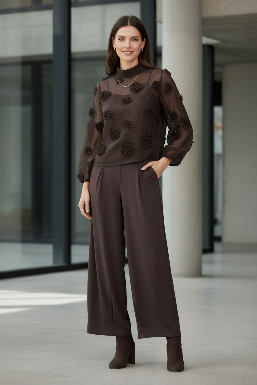 Noen model wearing the corrected chiffon stand-up neckline