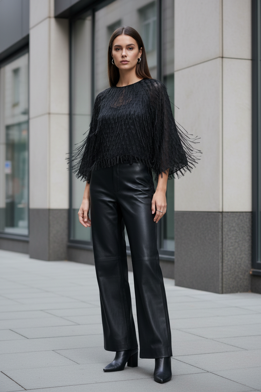 Noen model wearing the fringed sheer-sleeve top